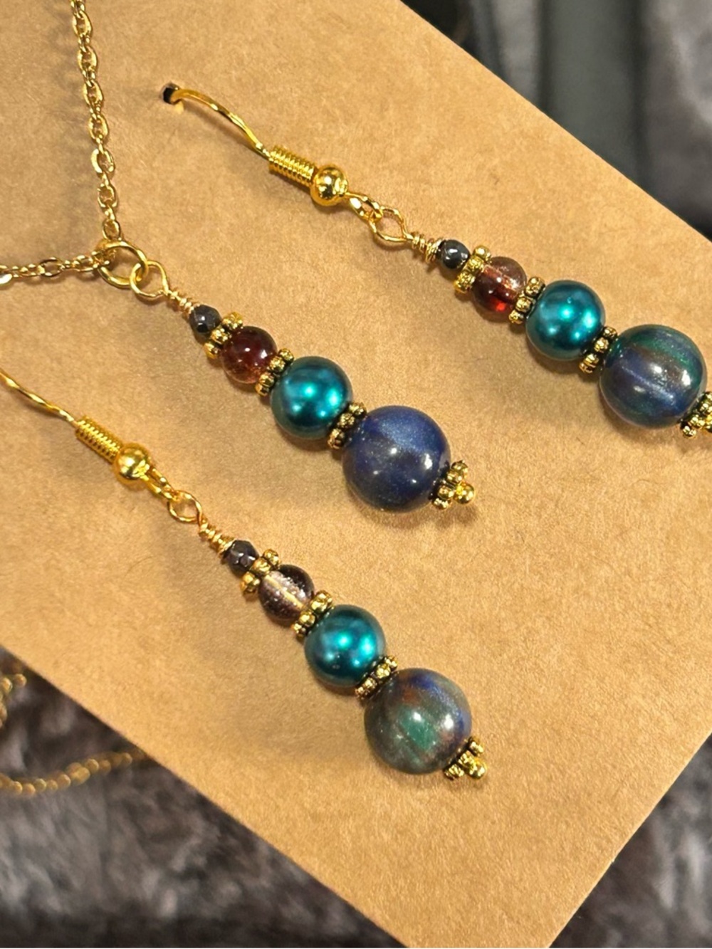 Handcrafted cat eye glass Czech glass pearl necklace and earring set